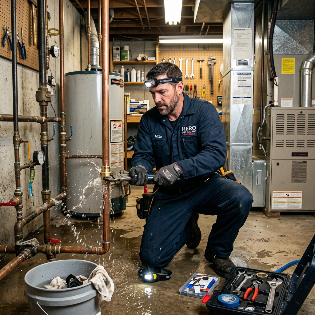 Emergency plumbing repair on a copper pipe