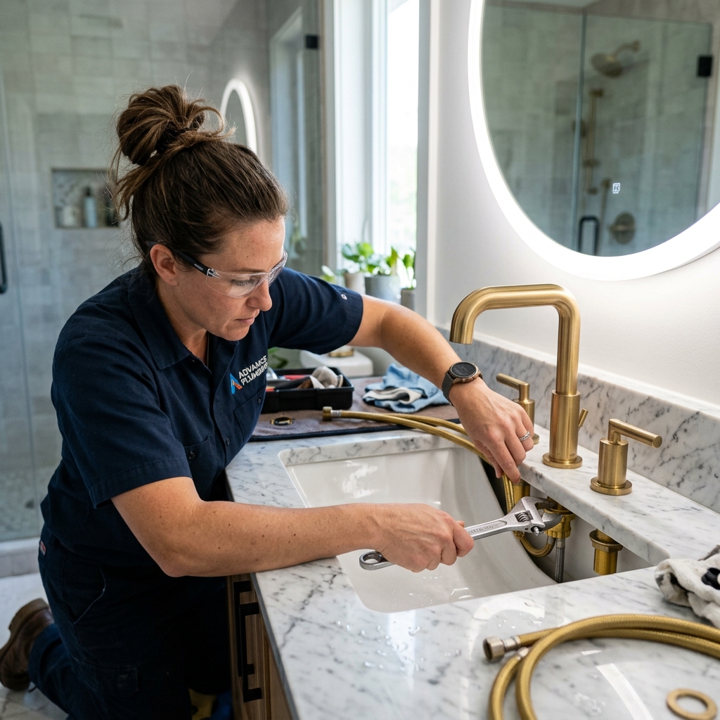 Fixture Installation Coral Gables FL licensed plumber installing brushed gold luxury faucet