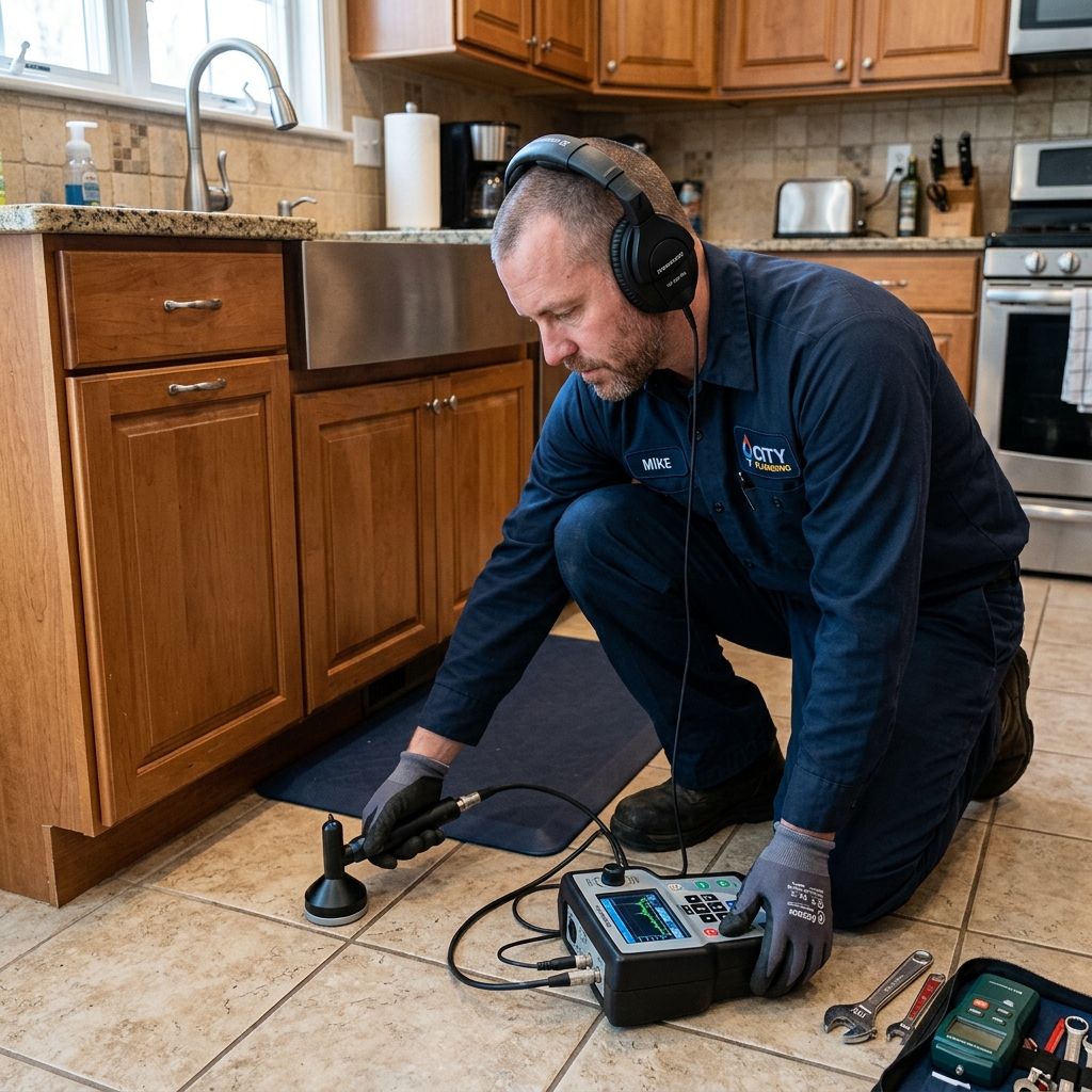 Electronic leak detection tools used on tiled floors