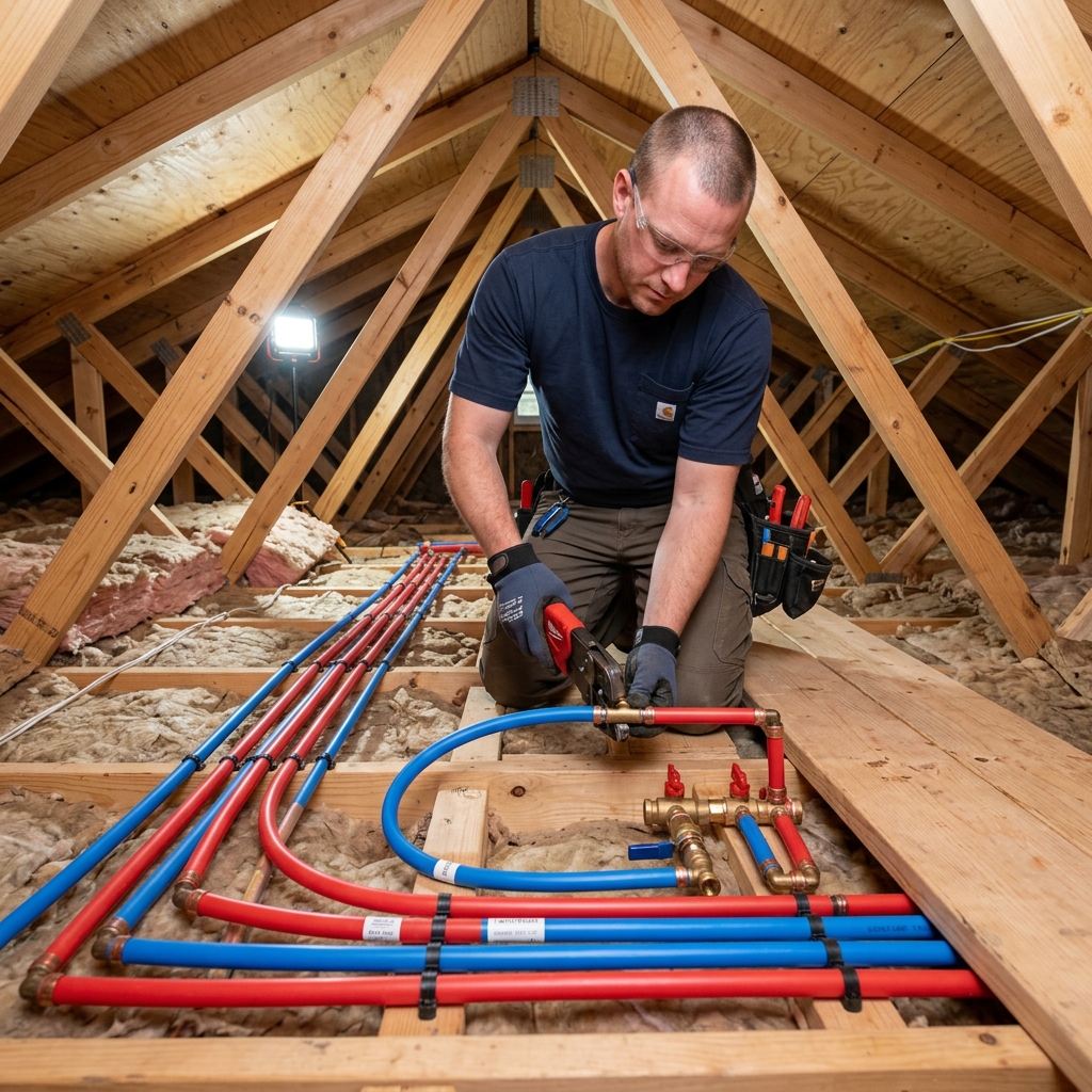 Repiping Coral Gables FL licensed plumber routing PEX pipes through a residential attic