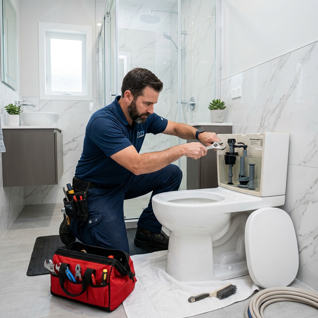 Plumber installing a new high-efficiency toilet