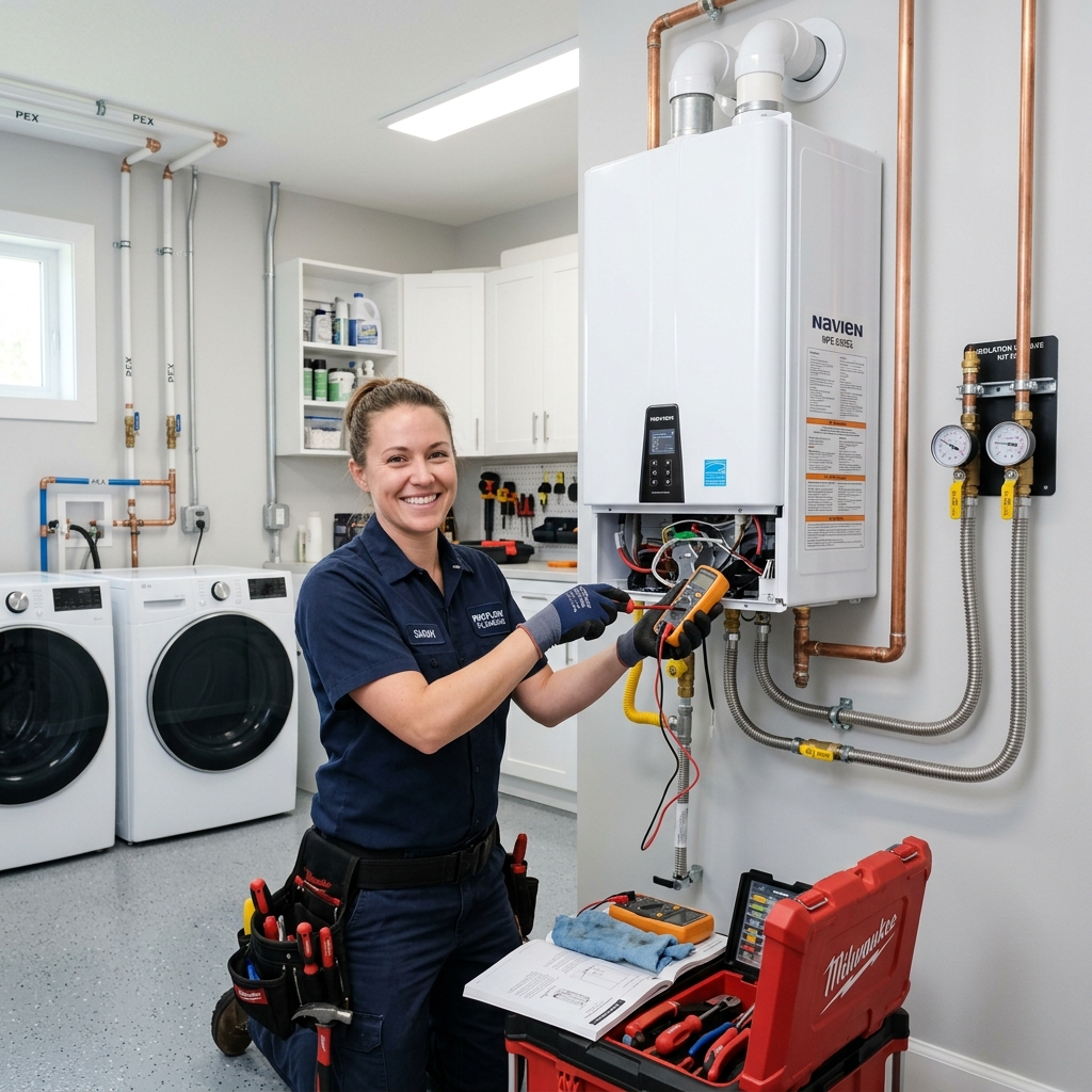 Professional servicing of a tankless water heater unit